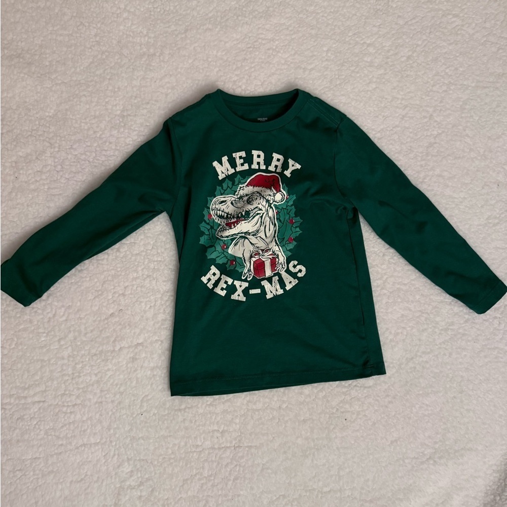 Kids Green Dinosaur Christmas Shirt, Size XS (4-5)